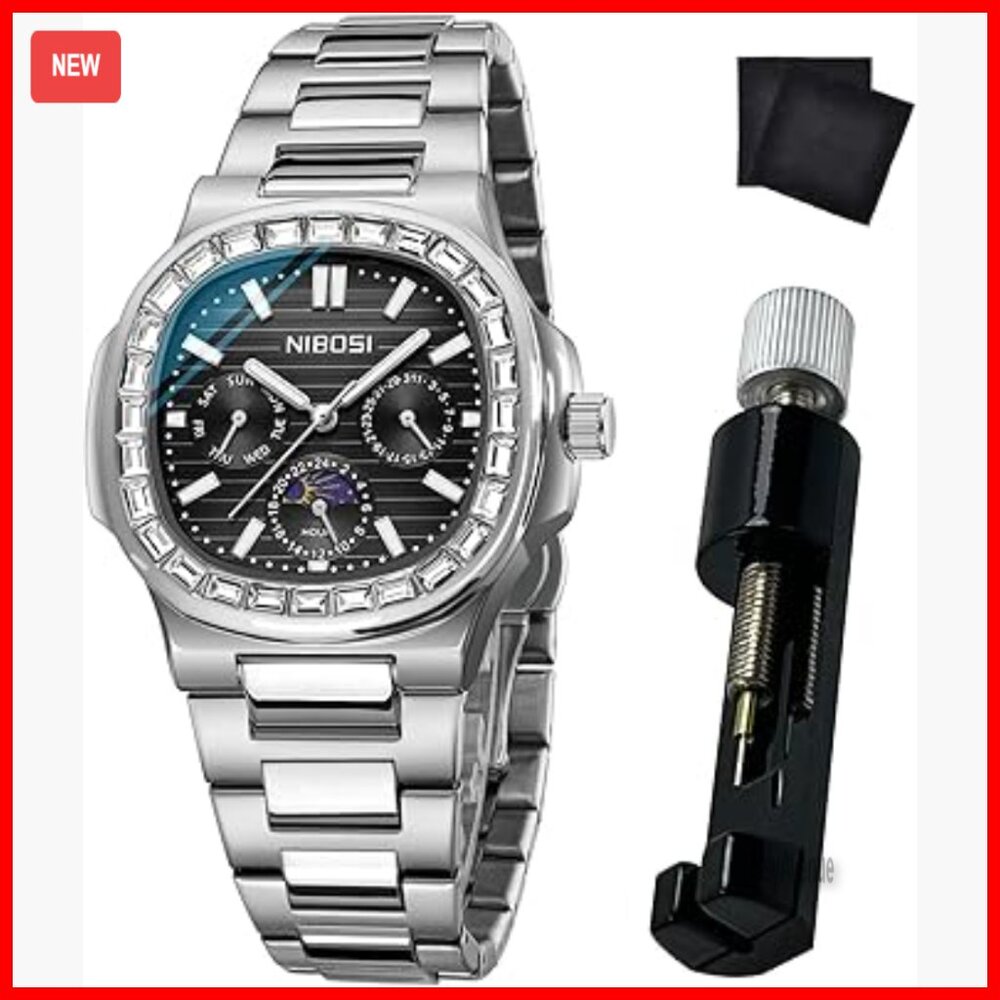 Mens Stainless Steel Chronograph Watch Waterproof Diamond Dial Business